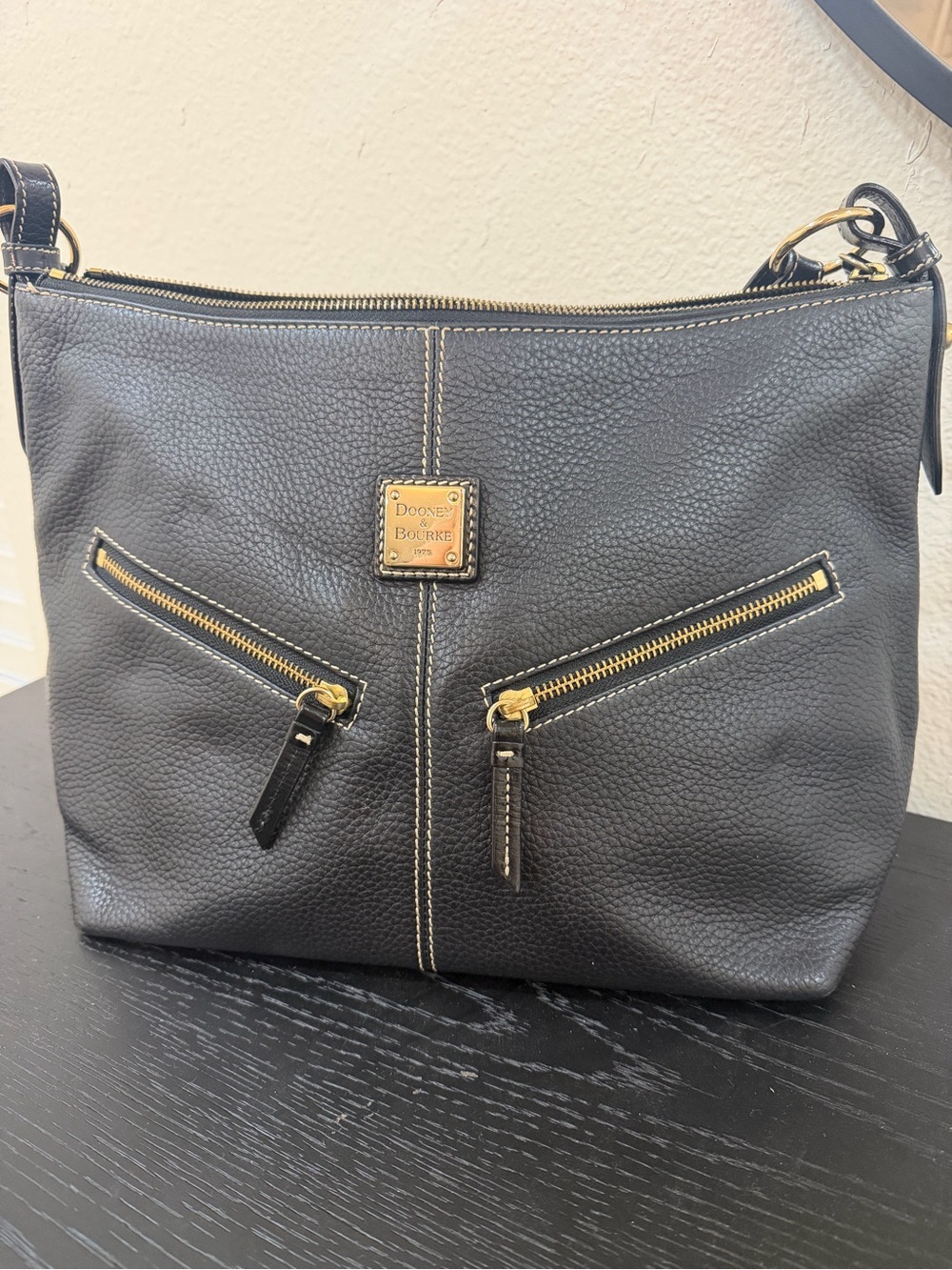 Dooney & Bourke Black Pebble Leather Shoulder Bag with Gold Hardware